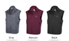 Fall frotection vests in grey, maroon, and black on a white background