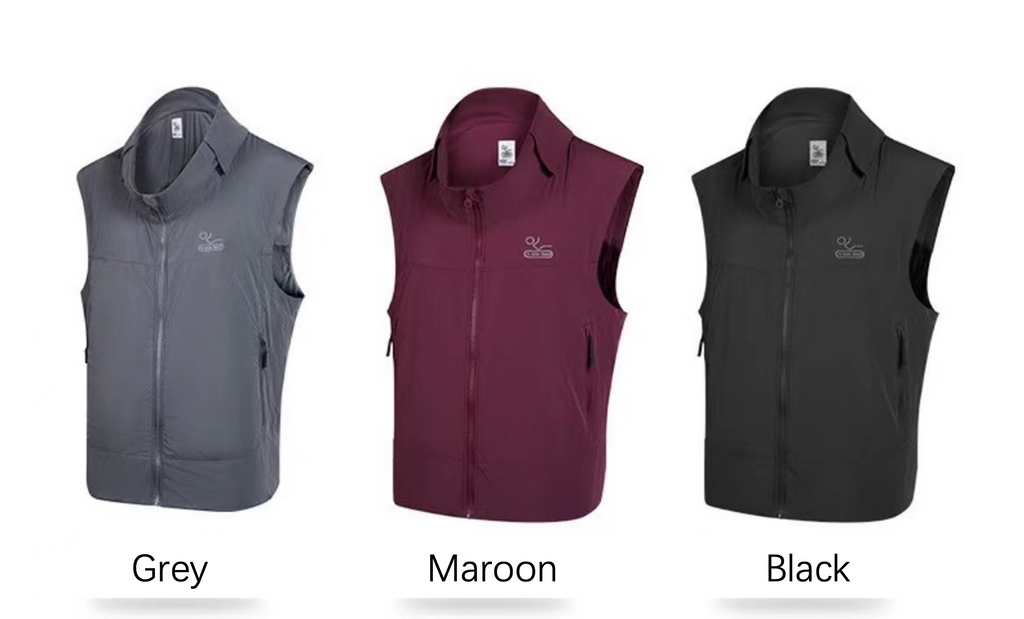 Fall frotection vests in grey, maroon, and black on a white background