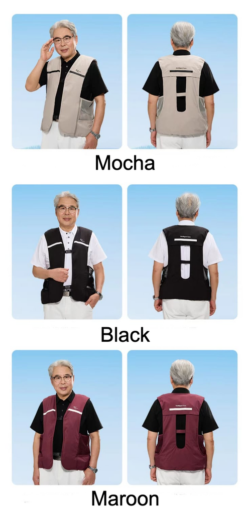 Fall Protection Vest Lite shown from multiple angles in Mocha, Black, and Maroon colors on a light blue background.